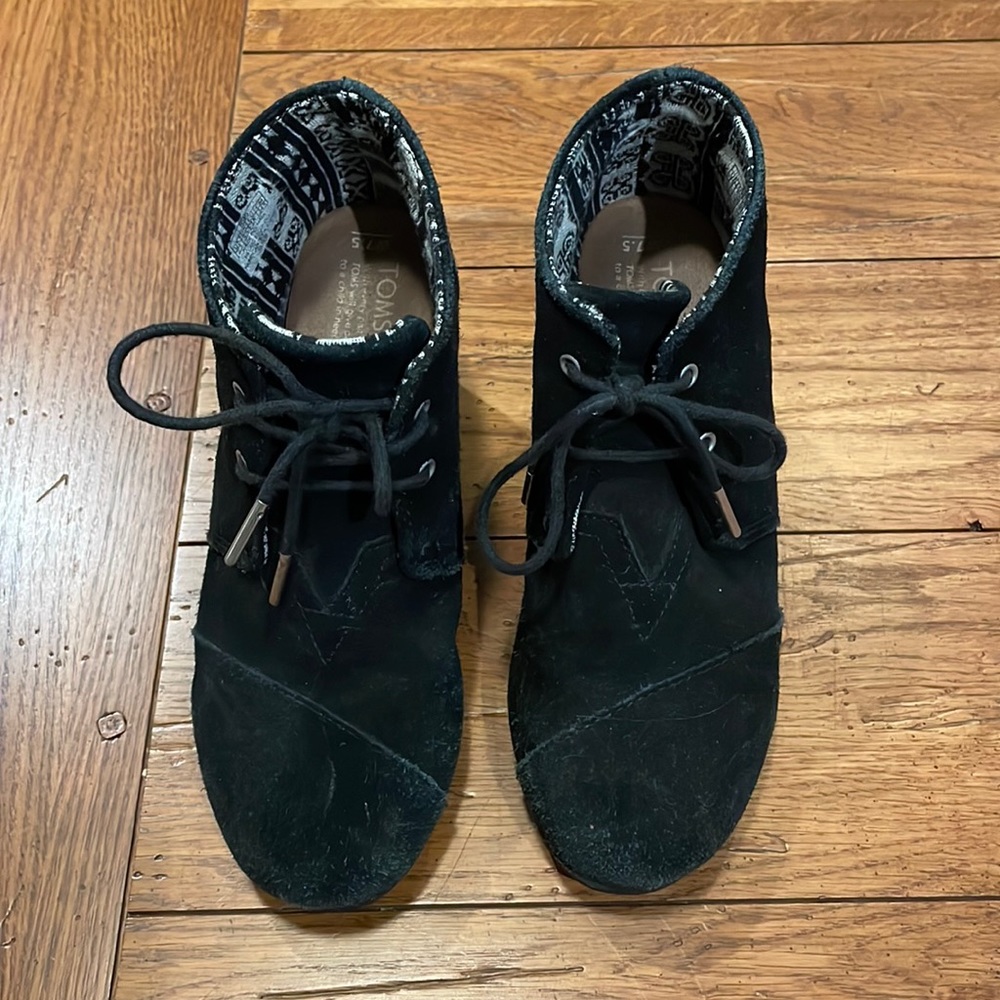 Toms Black Suede Wedge Bootie